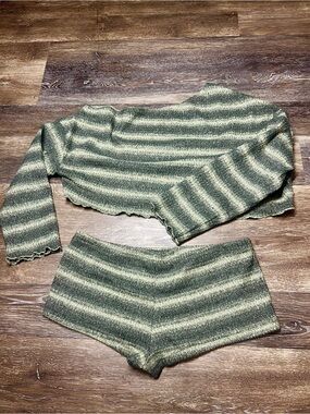 Y2K Olive Green Striped Knit Crop Top & Shorts Matching Set